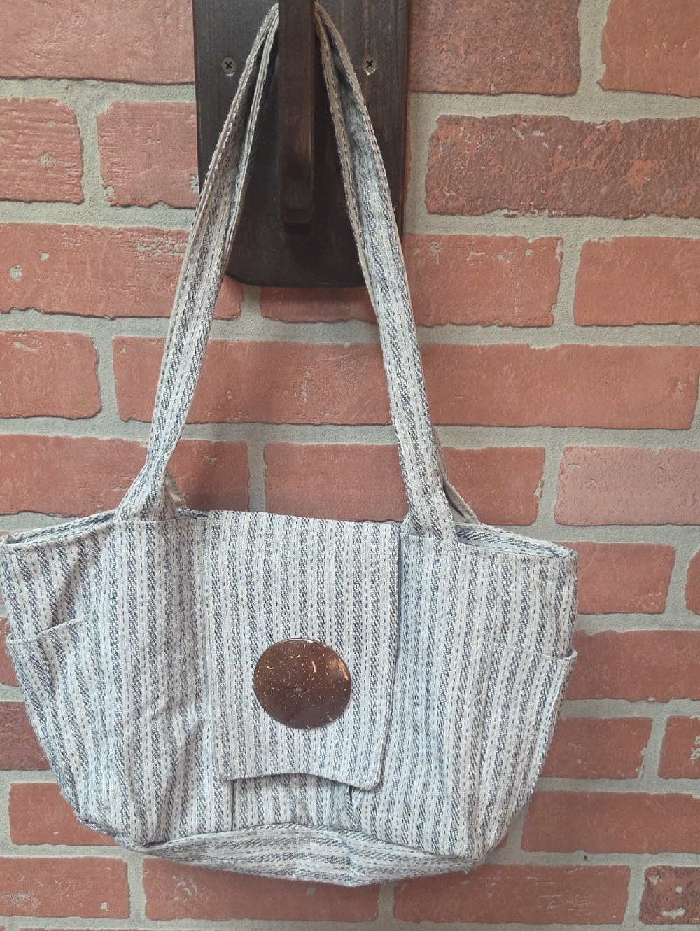 Neutral Gray Striped Women's Shoulder Bag with Coconut Button